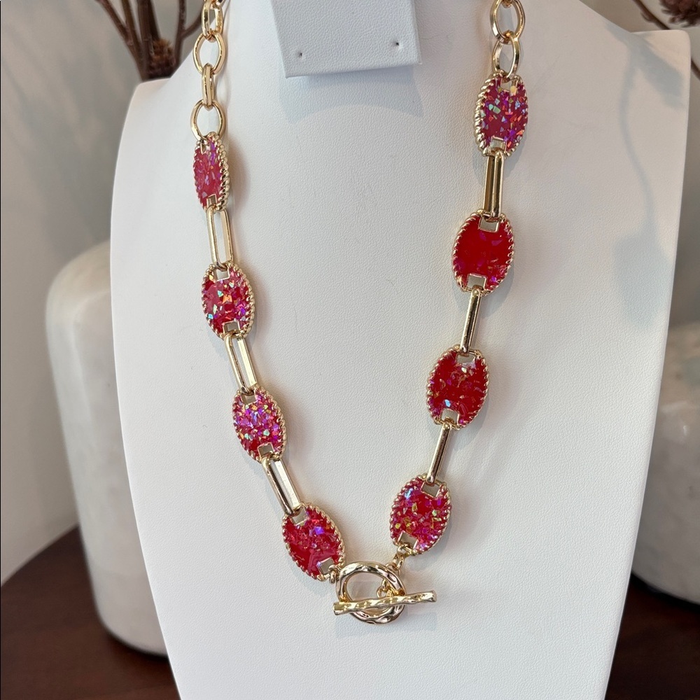 Laura Ford Oval Red w/gold multi color metallic flecks necklace,post earrings